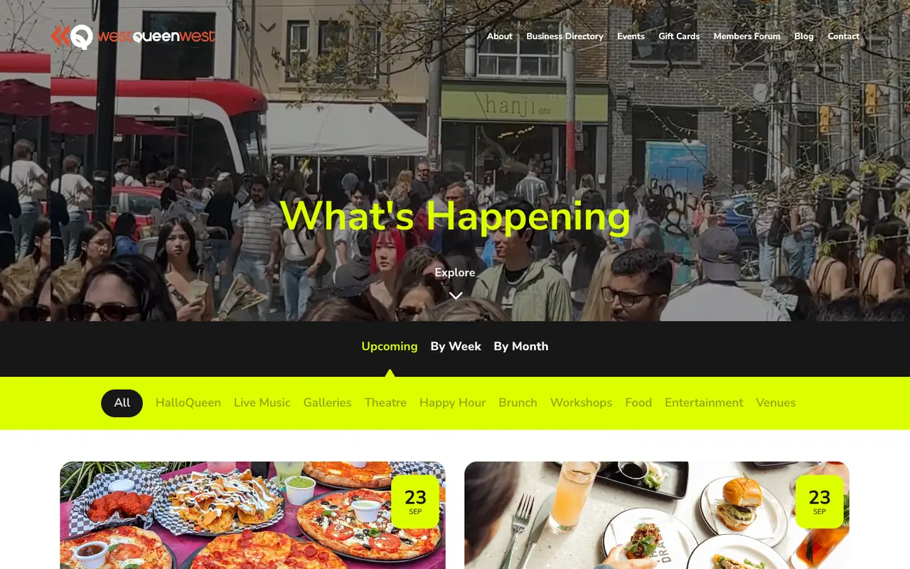The West Queen West BIA website by Neumarkets: What’s Happening on Queen Street West, with event tabs and categories
