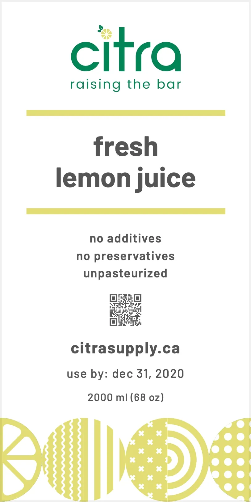 Citra lemon juice label: the Citra logo and name we created, with the line “raising the bar”