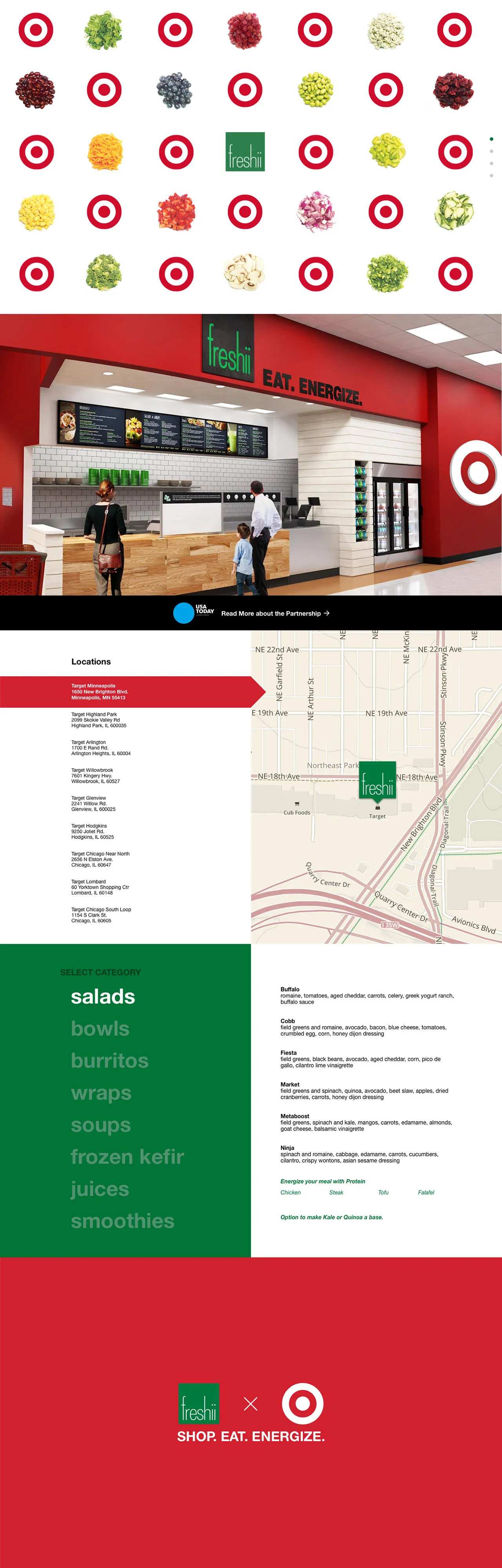 Full-page design of the Freshii × Target partnership website by Neumarkets: bullseye intro, in-store rendering, locations map, menu and sign-off
