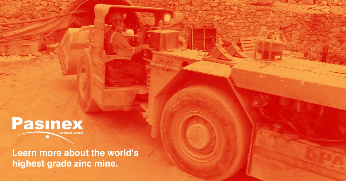 Social ad designed by Neumarkets for Pasinex Resources: an underground scoop tram in an orange duotone, the Pasinex logo and the line “Learn more about the world’s highest grade zinc mine.”