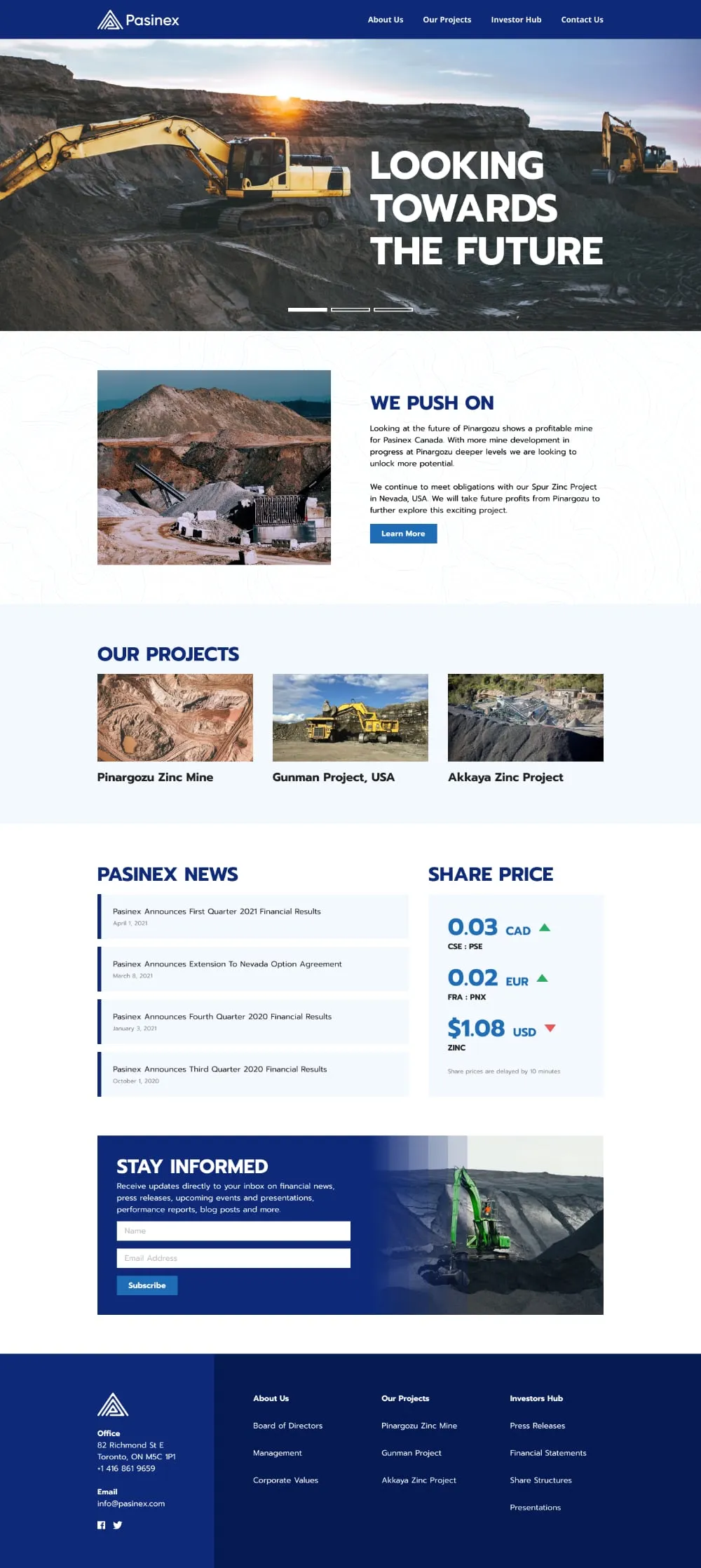 Pasinex Resources mining website homepage designed by Neumarkets: the triangle logo in a navy header, a Looking Towards The Future slider, project cards, embedded news, the share price and an email sign-up