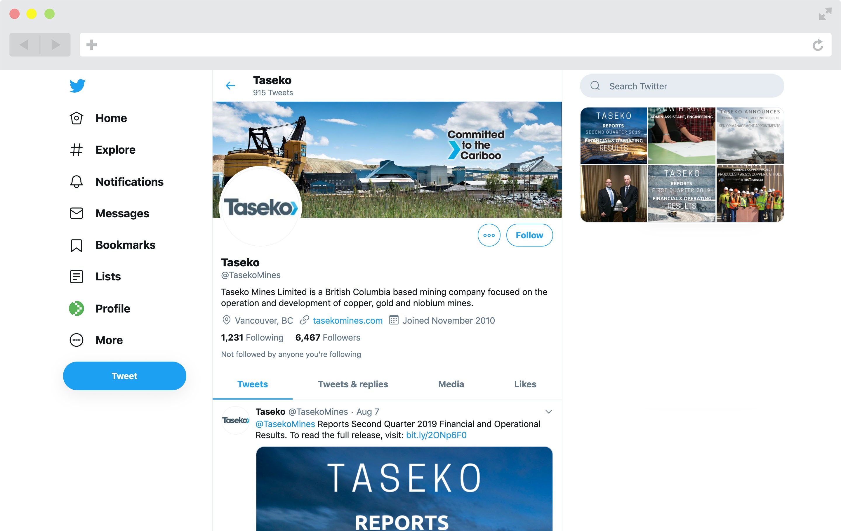 Taseko Mines Twitter Screenshot